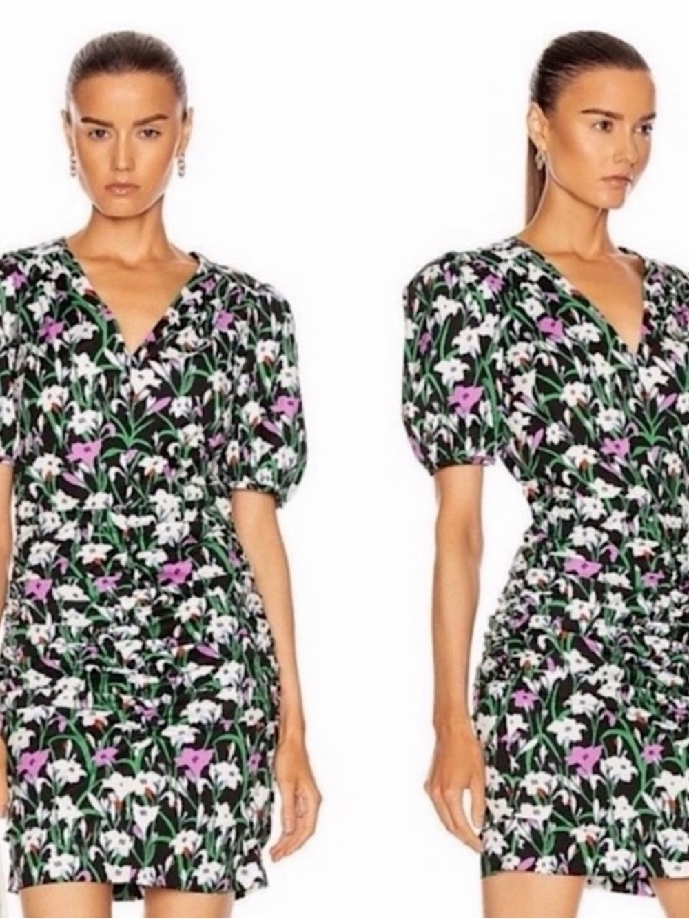 Veronica Beard Black Floral V-Neck Puff-Sleeve Mini Dress